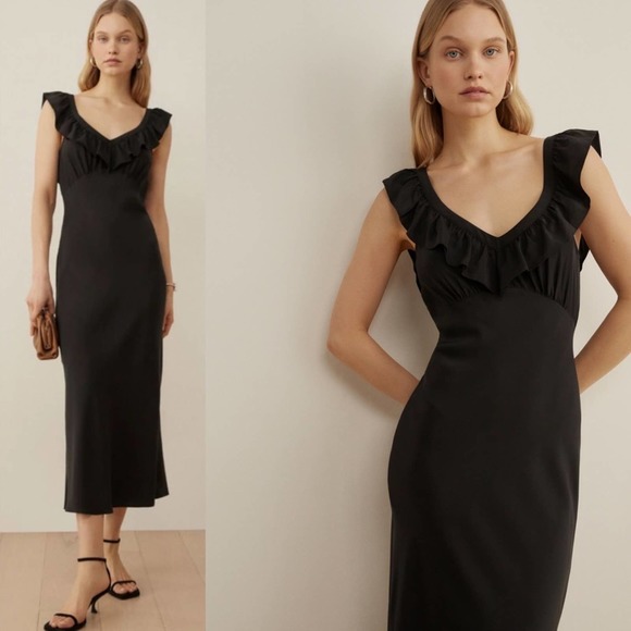 Reformation midi dress Cillian Silk ruffle neckline tie back in black Sz Medium - Picture 1 of 13